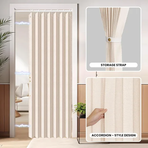 Miniatura 8 de AJAZZ Conjunto: Barras para cortinas sin perforación (28-39" de ancho) y cortina acordeón para puerta, beige 43" de ancho × 78" de largo, puertas
