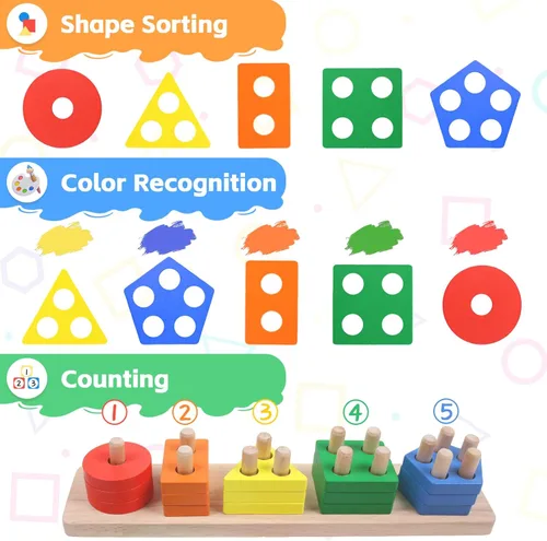 Miniatura 3 de Juguetes Montessori para bebés de 1, 2, 3 años - Juguetes de apilar de madera para bebés, juguetes sensoriales educativos clasificadores de formas