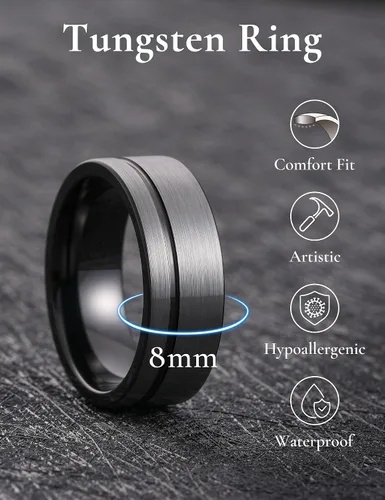 Miniatura 52 de King Will Anillo de boda de carburo de tungsteno para hombre con diseño de ranura, 6/7/0.315 in de ancho, acabado cepillado/pulido para hombre
