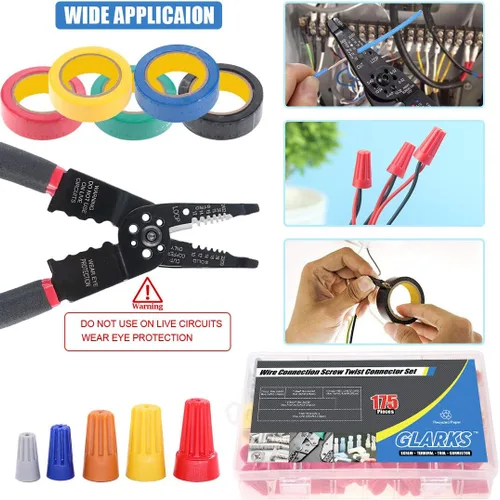 Miniatura 7 de Glarks Pelacables multifunción de 8 pulgadas, 10-22 AWG y 175 tuercas giratorias, conectores de cable eléctrico, terminales de tornillo con 5 piezas
