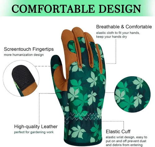 Miniatura 3 de Guantes de Jardinería de Cuero MERTURN para Mujeres, Guantes de Jardín a Prueba de Espinas, Guantes de Trabajo Compatibles con Pantalla Táctil, Hojas