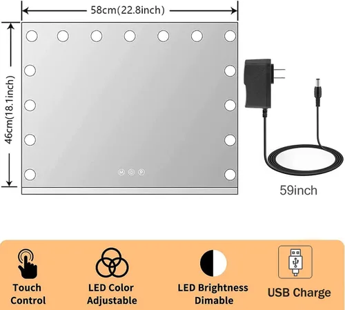 Miniatura 6 de Kottova Espejo de tocador con luces, espejo de maquillaje iluminado de 23 x 18.1 pulgadas con 15 bombillas LED regulables, espejo Hollywood
