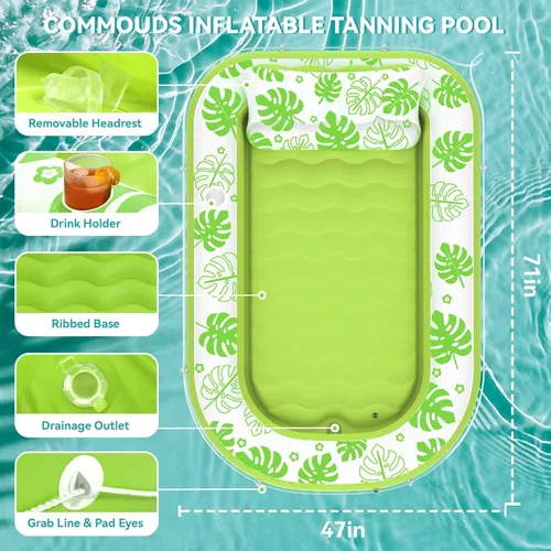 Miniatura 4 de Flotador Inflable para Piscina de Bronceado con Almohada Cervical - Flotadores de Piscina para Adultos para Tomar el Sol, Patio Trasero, Fiesta