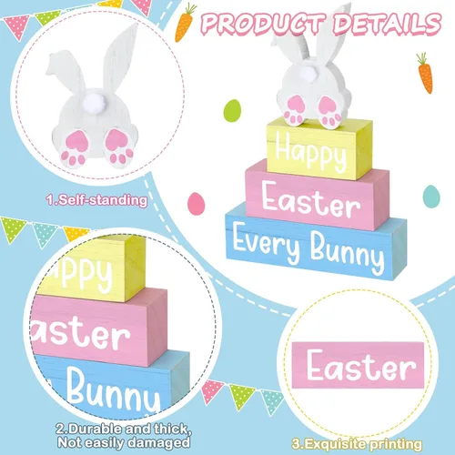 Miniatura 3 de 4 piezas de decoración de mesa de Pascua con texto en inglés «Happy Easter Every Bunny», letrero de madera de conejito pastel, bloques de madera