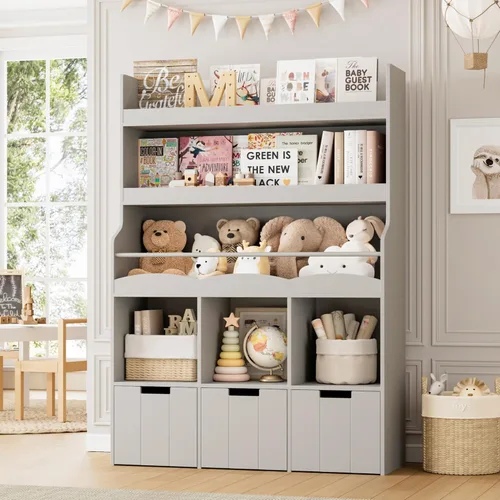 Miniatura 8 de HITHOS Estantería infantil de 55.3 pulgadas de alto con organizador de almacenamiento de juguetes, estante alto para libros con 3 contenedores Blanco