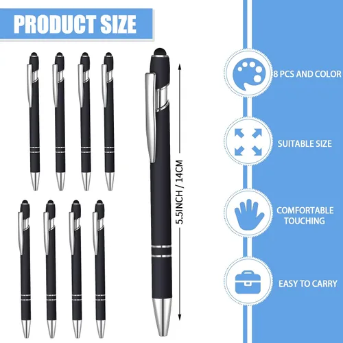 Miniatura 2 de 8 piezas de bolígrafo de tinta azul con punta de lápiz capacitivo 2 en 1 bolígrafo de metal con lápiz capacitivo para pantallas táctiles