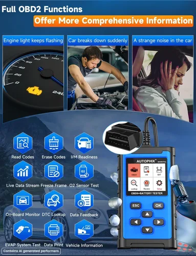 Miniatura 3 de AUTOPHIX Escáner OBD2 2 en 1 con probador de batería, BAS300 Plus 12V 100-2000 CCA carga de batería prueba de arranque lector de código de coche