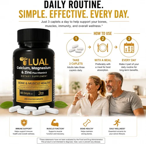 Miniatura 7 de LUAL Calcio, magnesio y zinc con vitamina D3 – Suplemento de apoyo óseo y muscular para adultos, 1000 mg de calcio, 400 mg de magnesio, 15 mg