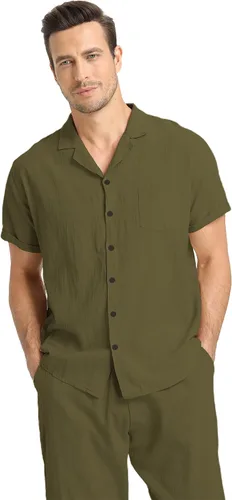 Miniatura 29 de RPOVIG Conjunto de camisa de lino y pantalones: conjuntos de lino de 2 piezas para hombre, camisas de manga corta, pantalones de yoga, trajes