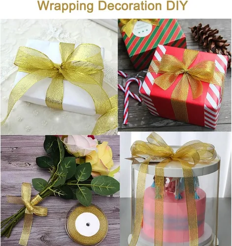 Miniatura 5 de Cinta de 100 yardas con purpurina dorada de 1 pulgada, cinta de tela sólida de ancho brillante para envoltura de regalos, manualidades, decoración
