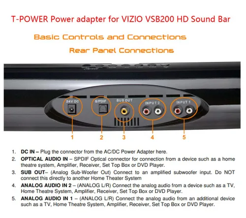 Miniatura 5 de T-Power Adaptador CA (6.6 pies) con barra de sonido Vizio VSB200/VSB205/VSB210 / Vizio VSB200 VSB205 VSB210 Vizio VSB200 VSB205 VSB210 VSB206 VSB207