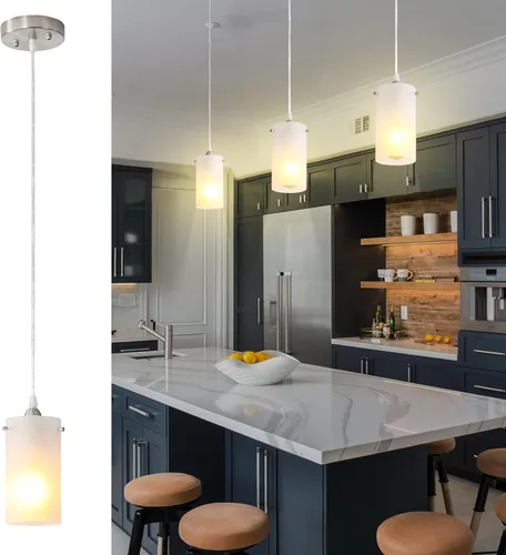 Miniatura 8 de Lámparas Colgantes Mini de 1 Luz, Candelabro Moderno Colgante Lámpara de Techo con Pantalla Blanca Esmerilada, Iluminación Colgante de Níquel