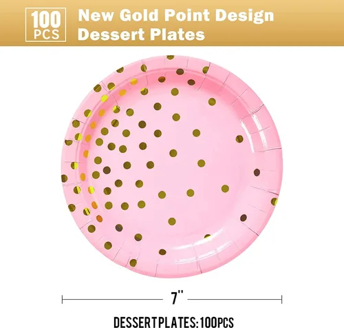 Miniatura 2 de Platos de papel de oro rosa, 100 unidades, platos de postre de puntos rosados y dorados, suministros de fiesta redondos desechables ideales para Oro