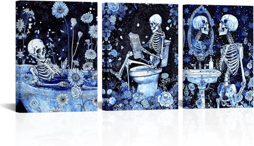 Miniatura 7 de FuShvre Decoración de esqueleto para baño, cuadros artísticos de pared de esqueleto Moody para baño, pintura gótica para decoración del hogar, Negro