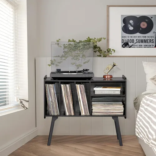 Miniatura 6 de Lerliuo Soporte para tocadiscos con 4 gabinetes con capacidad para hasta 220 álbumes, soporte giratorio grande negro con patas de madera de haya