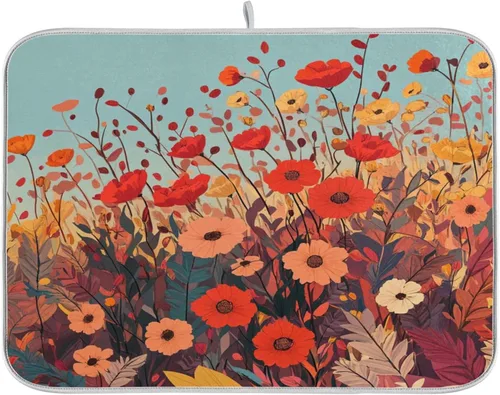Miniatura 8 de Tapete de secado de platos de primavera naranja con flor de amapola para encimera de cocina, tapete escurridor absorbente de microfibra, tapete