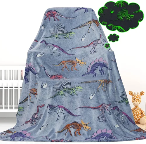 Miniatura 20 de Gdindff Bonita manta infantil que brilla en la oscuridad con diseño de dinosaurio para niños, de franela que brilla en la cama, sofá, sofá, manta