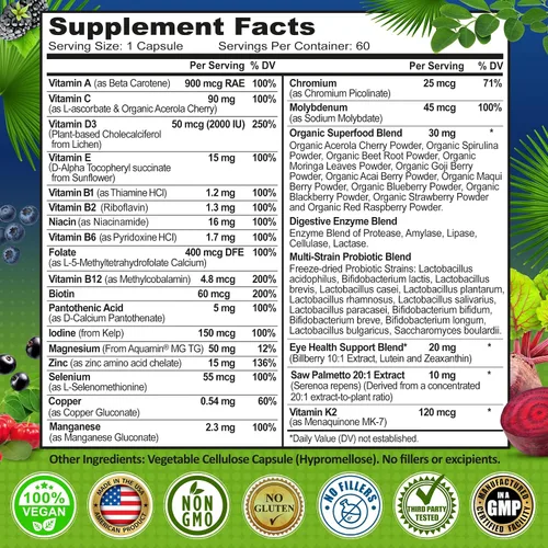 Miniatura 6 de Multivitamínico diario para hombres 50 Plus - Multivitamínico vegano metilado para hombres de 50 años o más - Saw Palmetto, Biotina, Superalimentos