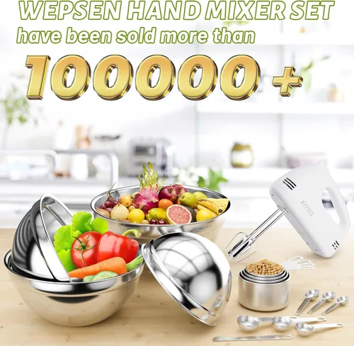 Miniatura 2 de WEPSEN Batidora de Mano Eléctrica Juego de Tazones de Mezcla, Batidora Manual de 5 Velocidades con 4 Tazones de Mezcla de Acero Inoxidable