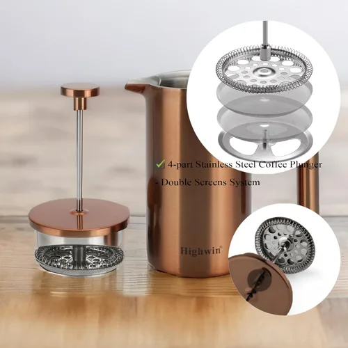 Miniatura 3 de Cafetera de 8 tazas, con prensa de café francesa, 34 onzas, acero inoxidable, resistente, tetera con desatascador de acero inoxidable, Vajilla, Cobre