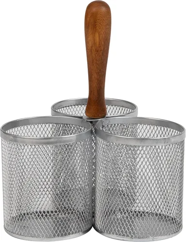 Mind Reader Organizador de malla de 3 compartimentos con mango de madera, almacenamiento multiusos de escritorio o encimera, malla metálica, 7.5