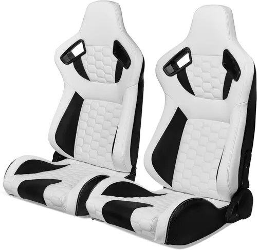 Miniatura 10 de IKON MOTORSPORTS, Asientos universales para vehículos de carreras con deslizadores dobles, asientos deportivos reclinables de cuero PU beige + cuero