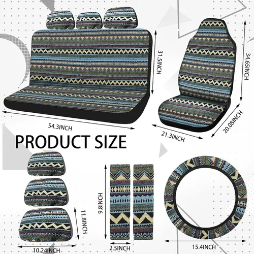 Miniatura 4 de Frienda 14 piezas de fundas para asientos de coche, juego completo multicolor con estampado de rayas estilo boho, funda para volante, funda