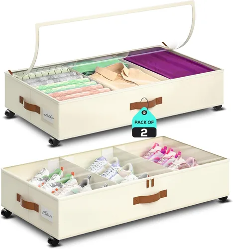 Almacenamiento debajo de la cama con ruedas, paquete de 2 (36L cada uno), organizador de almacenamiento de perfil bajo con ventana transparente,
