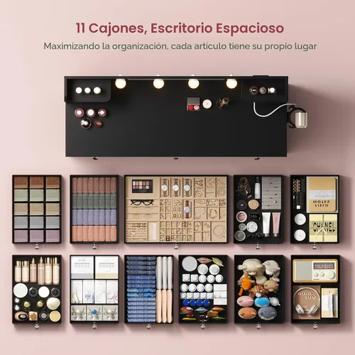 Miniatura 3 de HAUOMS Tocador con luces y espejo, tocador de maquillaje con 11 cajones y regleta de enchufes, 6 estantes abiertos, escritorio de tocador de 110 cm