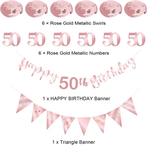 Miniatura 2 de Decoración de cumpleaños número 50 en oro rosa para niñas, pancarta de feliz cumpleaños 50, remolinos de banderines, pancarta de bandera triangular