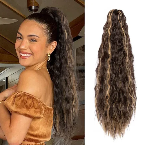 Miniatura 12 de YEAME Extensión de cola de caballo ondulada con clip de garra, cola de caballo de 22 pulgadas, pelo sintético castaño mezclado con rubio, cola