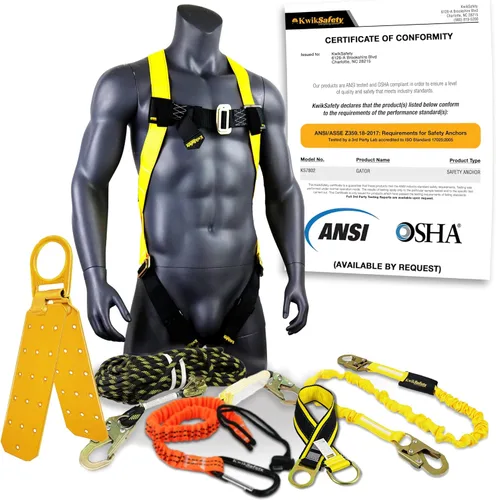 KwikSafety - Charlotte, NC - GATOR [BUNDLE] Anclaje de techo, 50 pies VLA, cordón de seguridad de 6 pies, correa de brazo cruzado, arnés de Ancla de