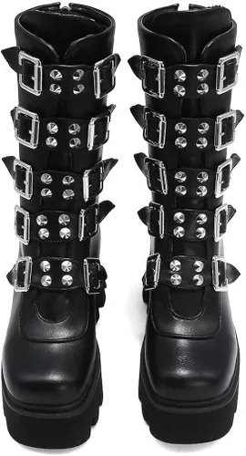Miniatura 4 de YIYA - Botas de combate a media pantorrilla con estoperoles para mujer botas de plataforma góticas negras botines de plataforma con hebilla y punta