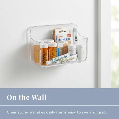 Miniatura 5 de Bandeja organizadora de pared sin taladros, caja de almacenamiento transparente extraíble con orificios de drenaje, plástico PET, ideal para objetos