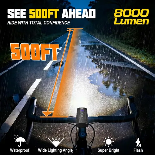 Miniatura 2 de Luces de bicicleta para montar por la noche, 8000 lúmenes, luz trasera súper brillante para bicicleta, luz de bicicleta recargable de 5800 mAh