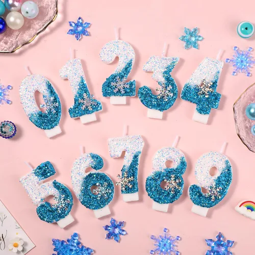 Miniatura 4 de Velas de cumpleaños del 0 al 9, velas de números con purpurina de copo de nieve, decoración de pasteles blancos y azules para niños y adultos