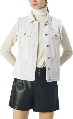 Miniatura 2 de ebossy Chaqueta de mezclilla desgastada sin mangas de color caramelo para mujer