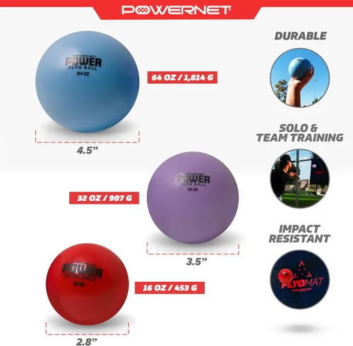 Miniatura 3 de PowerNet Power Plyometrics - Balón de entrenamiento de 16, 32 y 64 pesos, relleno de arena, aumenta la velocidad, codificado por colores, ideal