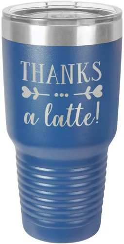 Miniatura 11 de Taza de viaje de acero inoxidable con tapa superior deslizante y pajita con texto en inglés "THANKS A LATTE 30oz Taza de viaje", compara con Yeti