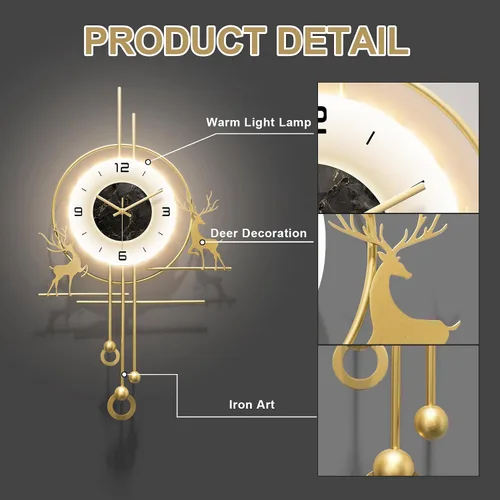 Miniatura 4 de Reloj de pared dorado para sala de estar, reloj de pared decorativo dorado grande con luz, reloj de pared silencioso creativo decorativo