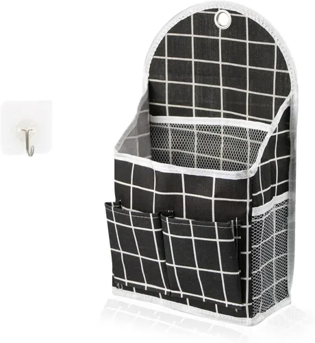 FuninCrea Bolsa de almacenamiento para colgar en la pared, organizador de lino a cuadros blanco y negro, para montar en la pared, sin perforaciones,