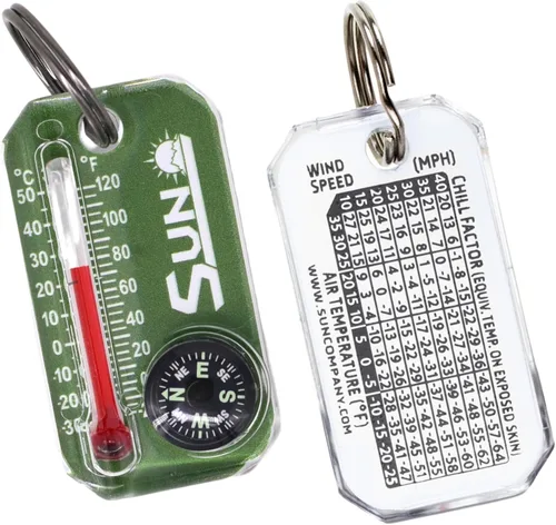 Miniatura 7 de Sun Company Therm-o-Compass Brújula multifuncional con cremallera y termómetro con tabla de enfriamiento de viento Ideal para camping