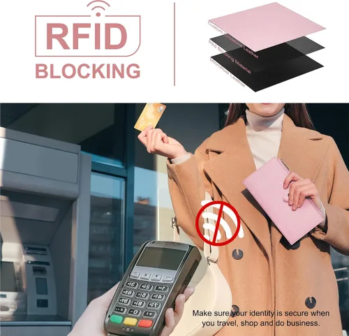 Miniatura 4 de Travelambo Billetera para mujer con bloqueo RFID plegable para múltiples tarjetas con bolsillo con cremallera, rosado (Pink Sakura), Minimalista