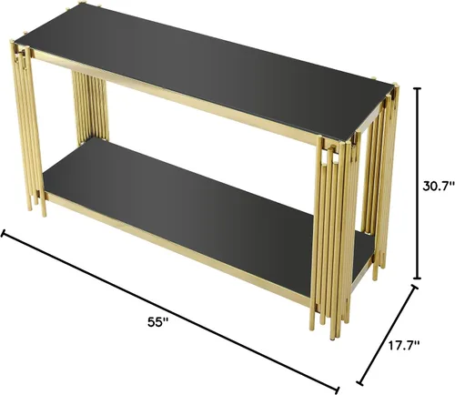 Miniatura 2 de Mesa consola moderna de cristal, mesa de sofá dorada de 55 pulgadas con marco de metal resistente y parte superior de vidrio templado negro
