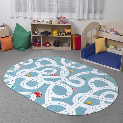 Miniatura 7 de LIVEBOX Alfombra de Juego Antideslizante Azul de 3'x5' para Niños, Alfombra de Carretera Lavable a Máquina para Sala de Juegos, Alfombra de Sala