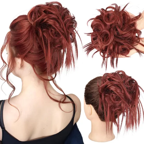 Miniatura 48 de HMD - Extensiones de cabello tipo chongo alborotado con rodelo despeinado, banda elástica de goma, extensiones de cabello sintético para mujer