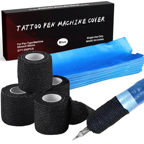 Cubierta para máquina de bolígrafo de tatuaje y cintas de agarre, 200 piezas de fundas grandes para bolígrafos, bolsas para máquina y 4 envolturas