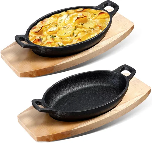 Mifoci 2 piezas de mini sartén de hierro fundido con base de madera, pequeños platos de fajita de hierro fundido, sartén para panadero, olla negra