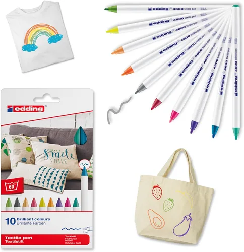 edding 4600 Bolígrafo textil – Juego de 10 colores (básico) – Punta redonda de 0.039 in – Bolígrafos de tela permanente para dibujar en textiles,