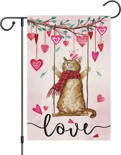 Miniatura 7 de Louise Maelys Bandera de casa de 28 x 40 pulgadas, doble cara, gran arpillera de bienvenida de gato, primavera, jardín, patio, corazón de amor